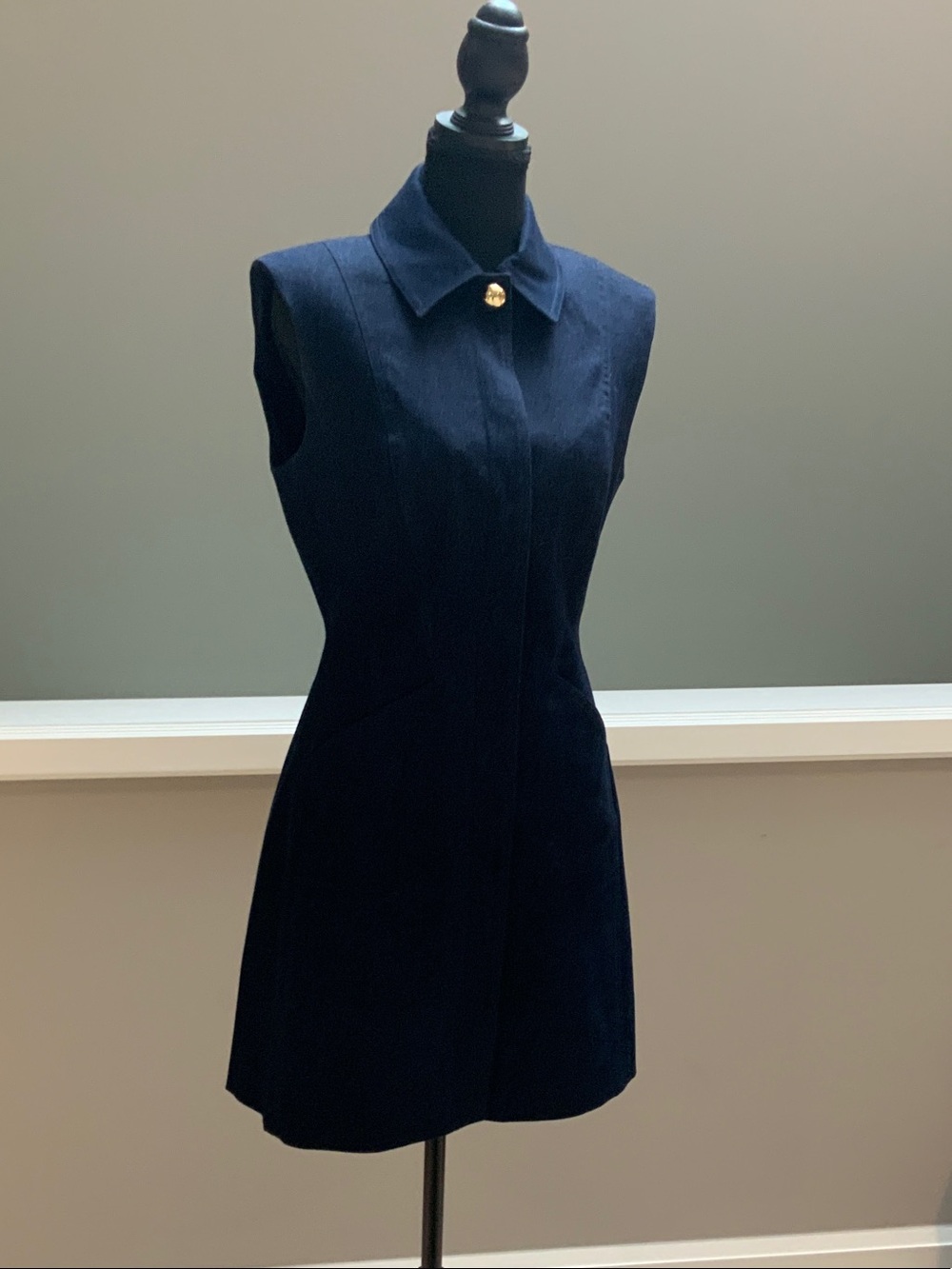 Veronica Beard Serina Navy Sleeveless Mini Jean Dress with Gold-Tone Button